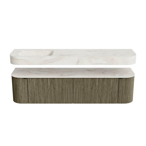 MONDIAZ THOR-DLUX 180cm meuble de salle de bains arrondi gauche + droite couleur Shadow avec 2 tiroirs et 2 portes. Vasque suspendue CLOUD Gauche sans trou de robinet couleur Ostra. SW1466106