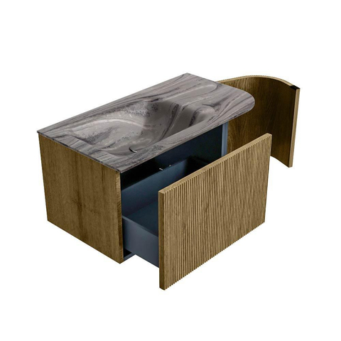 MONDIAZ KURVE-DLUX 85cm badmeubel ronding Rechts kleur Dusk met 1 lade en 1 deur. Wastafel CLOUD Links 1 kraangat Sombra. SW1433830