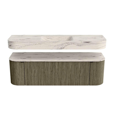 MONDIAZ THOR-DLUX 150cm meuble de salle de bains arrondi gauche + droite couleur Shadow avec 1 tiroir et 2 portes. Vasque suspendue CLOUD Milieu sans trou de robinet couleur Nata. SW1464829