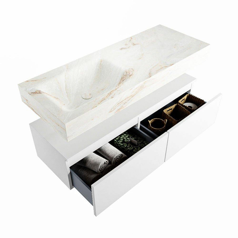 Mondiaz ALAN-DLUX Ensemble de meuble - 120cm - meuble Talc mat - 2 tiroirs - Lavabo Cloud Frappe suspendu - vasque Gauche - 1 trou de robinet SW804706
