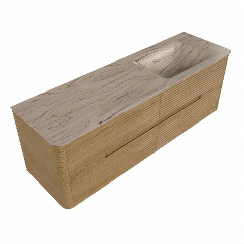 Mondiaz CIRO-DLUX Meuble de salle de bains - 150x45x50cm - Plan vasque solid surface Arena - 1 vasque à droite - sans trous de robinetterie - 4 tiroirs - Chêne SW1531351