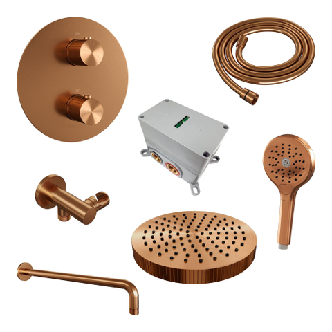 BRAUER Stripe Thermostatische Inbouw Regendouche - 3-weg - rond - SET 41 - 25cm douchekop - gebogen muurarm - 3-standen handdouche - doucheslang - wandaansluitbocht - koper geborsteld PVD SW1434939