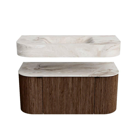MONDIAZ THOR-DLUX Meuble de salle de bains 100cm arrondi gauche + droite couleur Walnut avec 1 tiroir et 2 portes. Vasque suspendue CLOUD Centre sans trou de robinet couleur Frappe. SW1467334