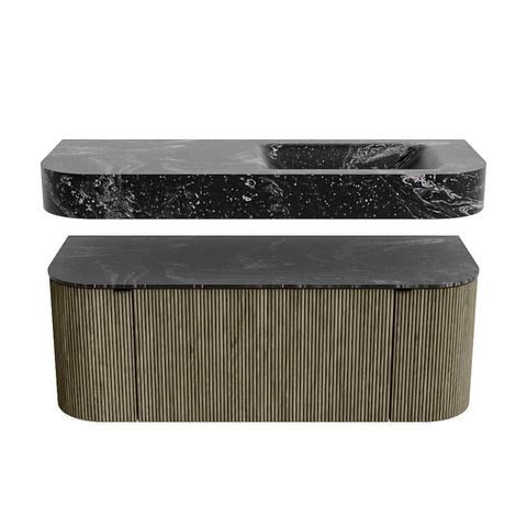 MONDIAZ THOR-DLUX 120cm meuble de salle de bains arrondi gauche + droite couleur Shadow avec 1 tiroir et 2 portes. Vasque suspendue CLOUD droite sans trou de robinet couleur Lava. SW1463155
