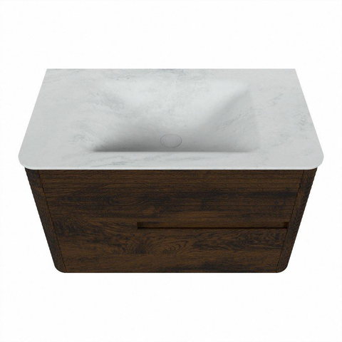 Mondiaz CIRO-DLUX Badkamermeubelset - 80x45x50cm - Solid surface wastafel Opalo - 1 wasbak Midden - zonder kraangaten - 2 lades - Walnut SW1530198
