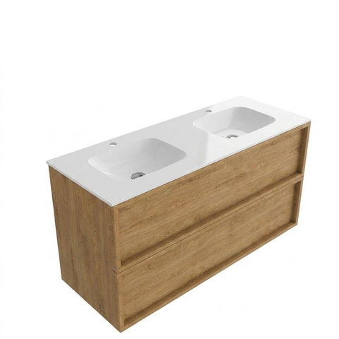 Saniclass Holz Frame Ensemble de meubles de salle de bains - 120x45x61.5cm - Flow lavabo en solid surface blanc - 2 vasques - 2 trous de robinet - 2 tiroirs - chêne natural mat (bois) SW1579785