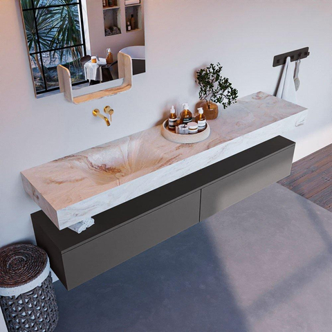 Mondiaz ALAN-DLUX Ensemble de meuble - 200cm - meuble Dark grey mat - 2 tiroirs - Lavabo Cloud Frappe suspendu - vasque Gauche - 0 trous de robinet SW805196