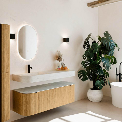 MONDIAZ THOR-DLUX Meuble de salle de bains 140cm arrondi gauche + droite couleur Oak avec 1 tiroir et 2 portes. Vasque suspendue CLOUD Gauche 1 trou de robinet couleur Opalo. SW1463946