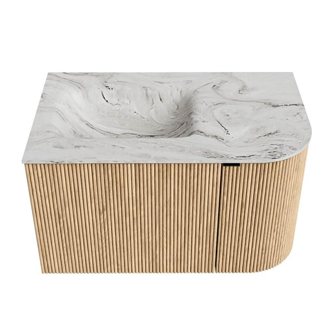 MONDIAZ KURVE-DLUX meuble de salle de bains 75cm avec module 25 R couleur chêne avec 1 tiroir et 1 porte. Lavabo GRUNNE gauche 1 trou de robinet couleur Glace. SW1137890