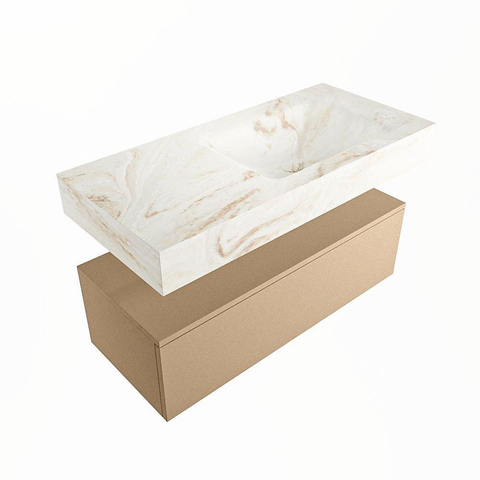 Mondiaz ALAN-DLUX Ensemble de meuble - 100cm - meuble Oro mat - 1 tiroir - Lavabo Cloud Frappe suspendu - vasque Droite - 0 trous de robinet SW805050