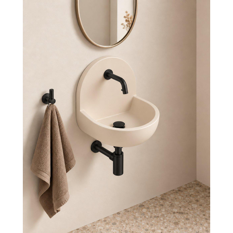 Saniclass Fuente pack lave-mains – demi-rond – 46,5 x 35 x 43,2 cm – Solid Surface crème – robinet noir mat SW1587527