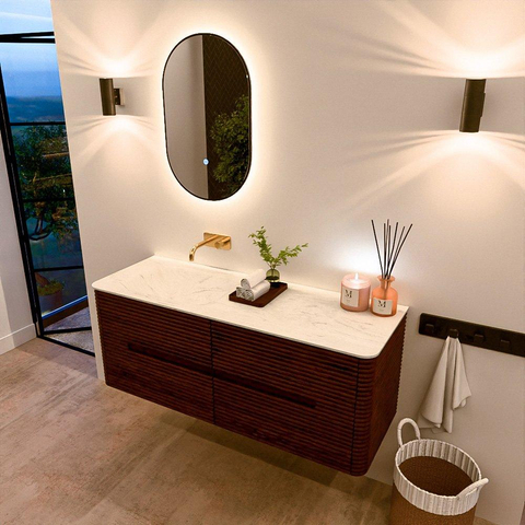 Mondiaz CIRO-DLUX Ensemble de meubles de salle de bains - 130x45x50cm - lavabo en solid surface Opalo - 1 vasque à gauche - sans trous de robinet - 4 tiroirs - Ruby SW1531643
