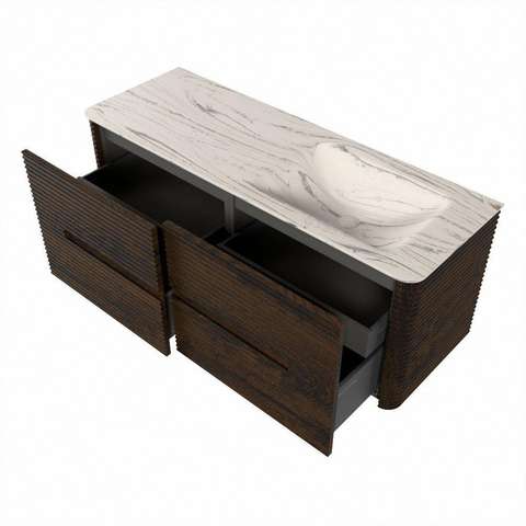Mondiaz CIRO-DLUX Ensemble de meubles de salle de bains - 130x45x50cm - Vasque en solid surface Nata - 1 bassin à droite - 1 trou de robinet - 4 tiroirs - Noyer SW1530570