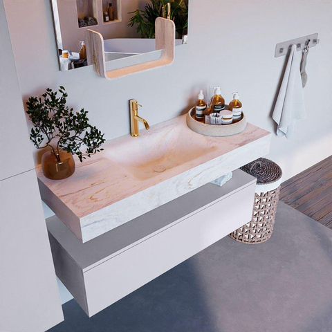 Mondiaz ALAN-DLUX Ensemble de meuble - 110cm - meuble Cale mat - 1 tiroir - Lavabo Cloud Ostra suspendu - vasque Centre - 1 trou de robinet SW807421