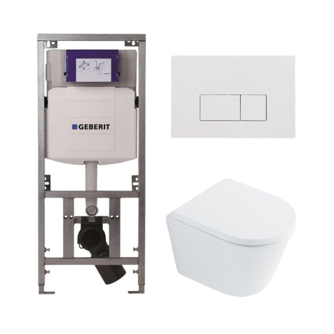 QeramiQ Dely Toiletset - 36.3x51.7cm - diepspoel - rimless - Geberit UP320 plieger inbouwreservoir - softclose toilet zitting - 35mm - glans witte bedieningsplaat - ronde knoppen - mat wit SW1413223