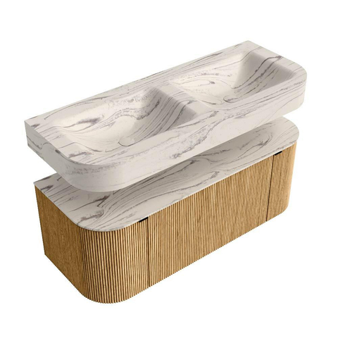 MONDIAZ THOR-DLUX 120cm badmeubel ronding links + rechts kleur Oak met 1 lade en 2 deuren. Vrijhangende wastafel CLOUD Dubbel 2 kraangaten kleur Nata. SW1463356