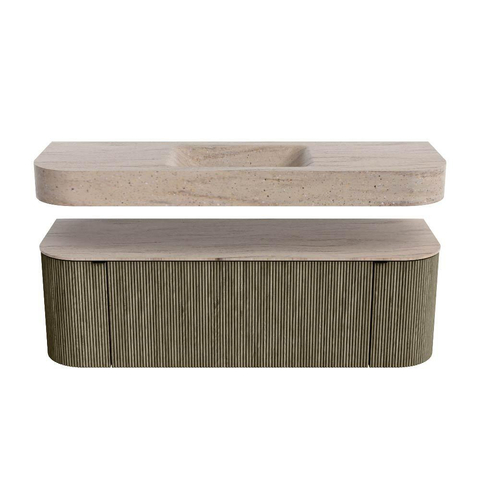 MONDIAZ THOR-DLUX 140cm badmeubel ronding links + rechts kleur Shadow met 1 lade en 2 deuren. Vrijhangende wastafel CLOUD Midden zonder kraangat kleur Saba. SW1464344