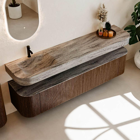 MONDIAZ THOR-DLUX 200cm meuble de salle de bains arrondi gauche + droite couleur Walnut avec 2 tiroirs et 2 portes. Vasque suspendue CLOUD Gauche 1 trou de robinet couleur Oza. SW1467188