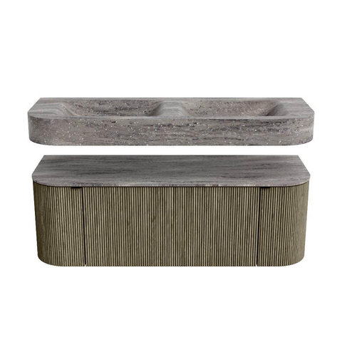 MONDIAZ THOR-DLUX 130cm meuble de salle de bains arrondi gauche + droite couleur Shadow avec 1 tiroir et 2 portes. Vasque suspendue CLOUD Double sans trou de robinet couleur Oza. SW1463995