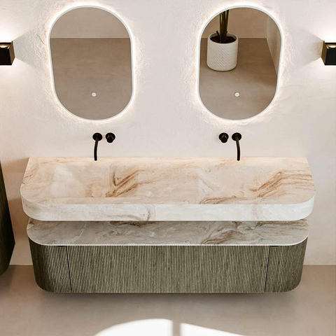 MONDIAZ THOR-DLUX 170cm meuble de salle de bains arrondi gauche + droite couleur Shadow avec 1 tiroir et 2 portes. Vasque suspendue CLOUD Double sans trou de robinet couleur Frappe. SW1465504