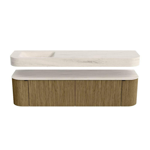 MONDIAZ THOR-DLUX 180cm meuble de salle de bains arrondi gauche + droite couleur Dusk avec 2 tiroirs et 2 portes. Vasque suspendue CLOUD gauche sans trou de robinet couleur Meli. SW1466164