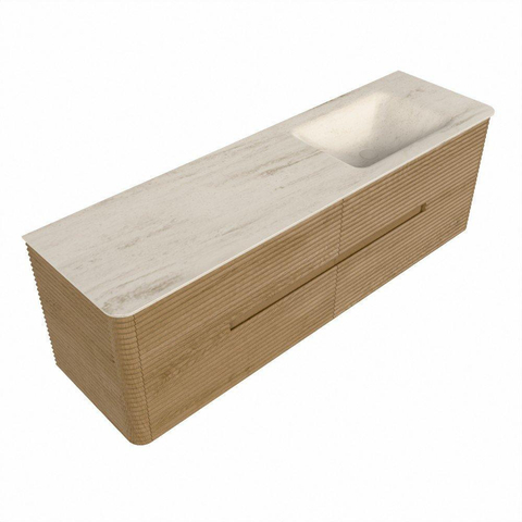 Mondiaz CIRO-DLUX Meuble de salle de bains - 160x45x50cm - Plan vasque solid surface Meli - 1 vasque à droite - 1 trou de robinet - 4 tiroirs - Chêne SW1531397