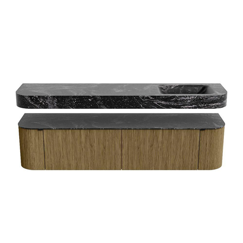 MONDIAZ THOR-DLUX 190cm meuble de salle de bains arrondi gauche + droite couleur Dusk avec 2 tiroirs et 2 portes. Vasque suspendue CLOUD Droite sans trou de robinet couleur Lava. SW1466479