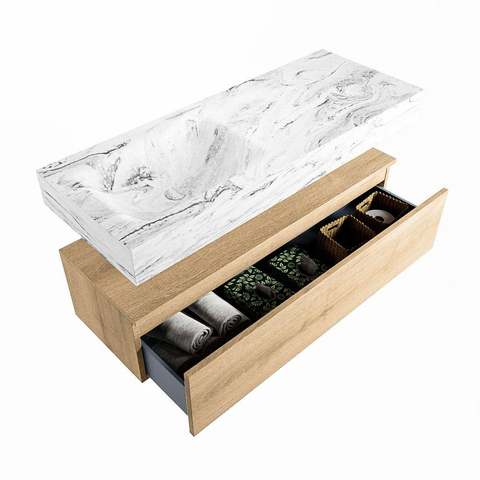 Mondiaz ALAN-DLUX Ensemble de meuble - 120cm - meuble Washed Oak mat - 1 tiroir - Lavabo Cloud Glace suspendu - vasque Gauche - 0 trous de robinet SW808748