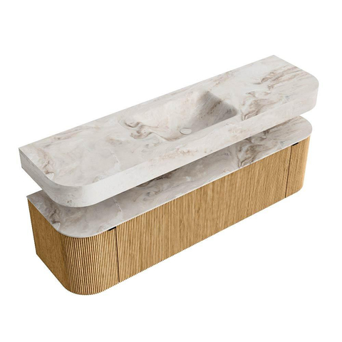 MONDIAZ THOR-DLUX 170cm badmeubel ronding links + rechts kleur Oak met 1 lade en 2 deuren. Vrijhangende wastafel CLOUD Midden 1 kraangat kleur Frappe. SW1465417