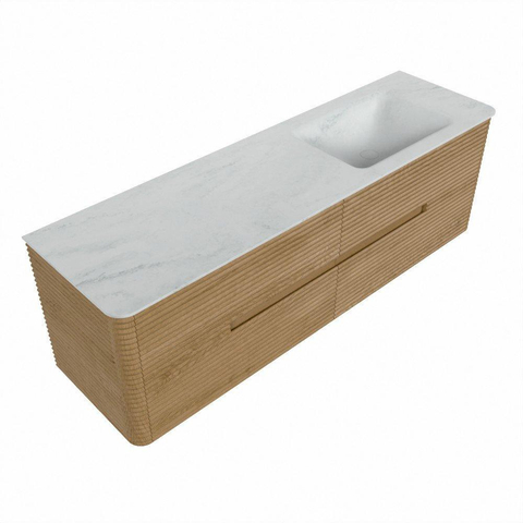 Mondiaz CIRO-DLUX Meuble de salle de bains - 160x45x50cm - Plan vasque solid surface Opalo - 1 vasque à droite - sans trous de robinet - 4 tiroirs - Chêne SW1530914