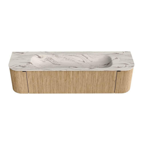 MONDIAZ KURVE-DLUX 170cm badmeubel ronding Links + Rechts kleur Oak met 1 lade en 2 deuren. Wastafel BIG LARGE Midden 1 kraangat Nata. SW1432141
