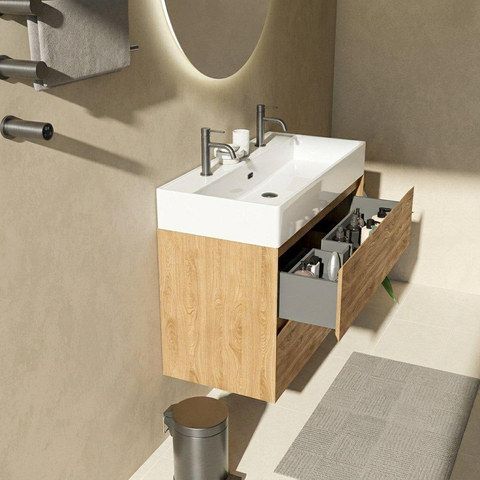 Saniclass Holz Pure Badkamermeubelset - 100x45x72cm - Legend keramische wastafel wit - 1 wasbak - 2 kraangaten - 2 lades - mat eiken natural (hout) SW1478504