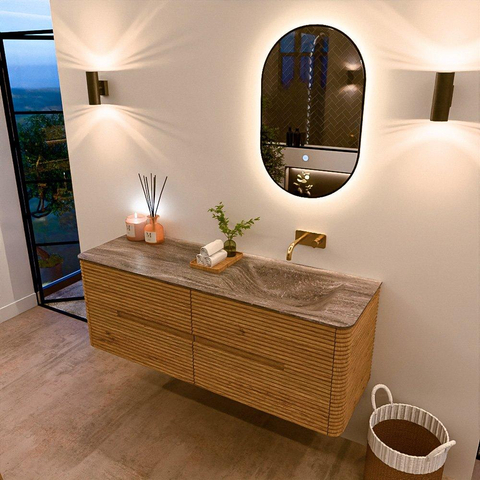 Mondiaz CIRO-DLUX Meuble de salle de bains - 140x45x50cm - Plan vasque solid surface Oza - 1 lavabo à droite - sans trous de robinet - 4 tiroirs - Chêne SW1531130