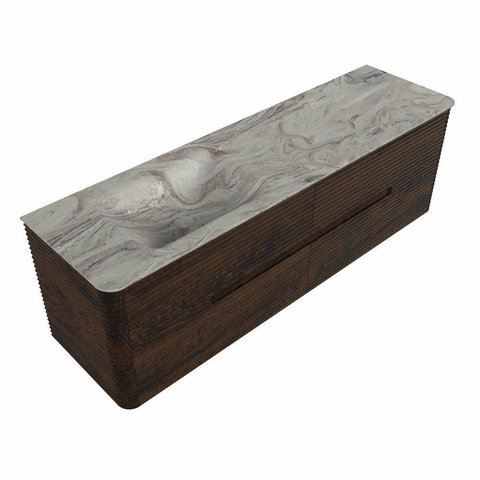Mondiaz CIRO-DLUX Badkamermeubelset - 160x45x50cm - Solid surface wastafel Glace - 1 wasbak Links - 1 kraangat - 4 lades - Walnut SW1530141