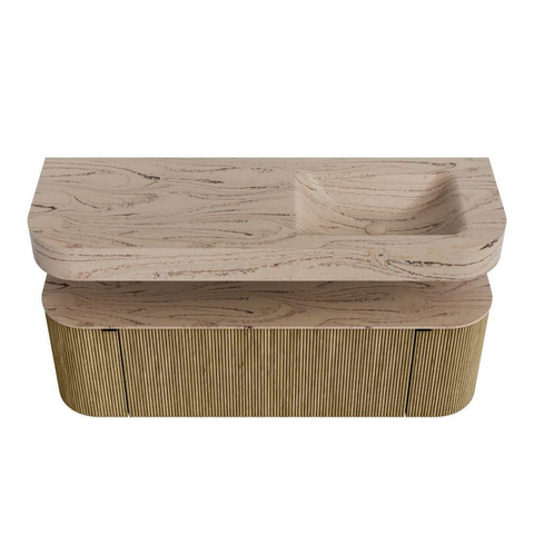 MONDIAZ THOR-DLUX 140cm meuble de salle de bains arrondi gauche + droite couleur Dusk avec 1 tiroir et 2 portes. Vasque suspendue CLOUD Droite 1 trou de robinet couleur Arena. SW1464365