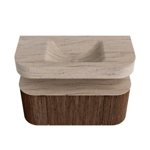 MONDIAZ THOR-DLUX 100cm badmeubel ronding links + rechts kleur Walnut met 1 lade en 2 deuren. Vrijhangende wastafel CLOUD Midden zonder kraangat kleur Saba. SW1467555