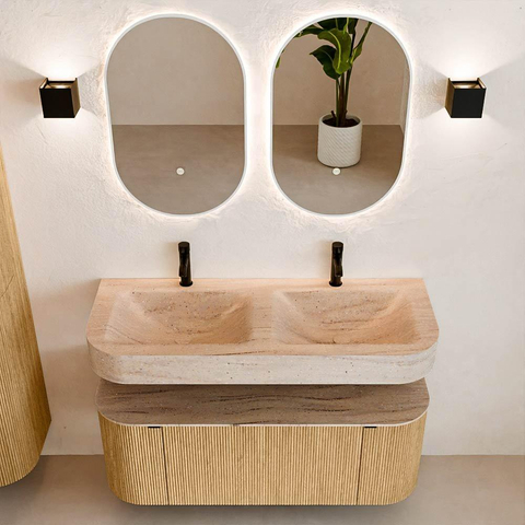 MONDIAZ THOR-DLUX 120cm badmeubel ronding links + rechts kleur Oak met 1 lade en 2 deuren. Vrijhangende wastafel CLOUD Dubbel 2 kraangaten kleur Saba. SW1463434