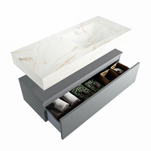Mondiaz ALAN-DLUX Ensemble de meuble - 110cm - meuble Plata mat - 1 tiroir - Lavabo Cloud Frappe suspendu - vasque Droite - 0 trous de robinet SW805546