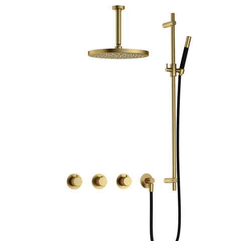 Hotbath Cobber X IBSX70 Regendoucheset inbouw - hoofddouche 30cm - plafondarm 15cm - glijstang - handdouche staaf 1 stand - geborsteld messing - PVD SW677714