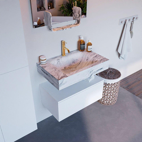Mondiaz ALAN-DLUX Ensemble de meuble - 70cm - meuble Talc mat - 1 tiroir - Lavabo Cloud Glace suspendu - vasque Centre - 1 trou de robinet SW804878