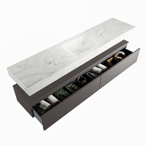Mondiaz ALAN-DLUX Ensemble de meuble - 200cm - meuble Dark grey mat - 2 tiroirs - Lavabo Cloud Opalo suspendu - vasque Centre - 1 trou de robinet SW806444