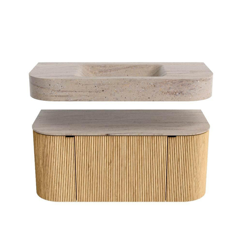 MONDIAZ THOR-DLUX 100cm badmeubel ronding links + rechts kleur Oak met 1 lade en 2 deuren. Vrijhangende wastafel CLOUD Midden zonder kraangat kleur Saba. SW1467550