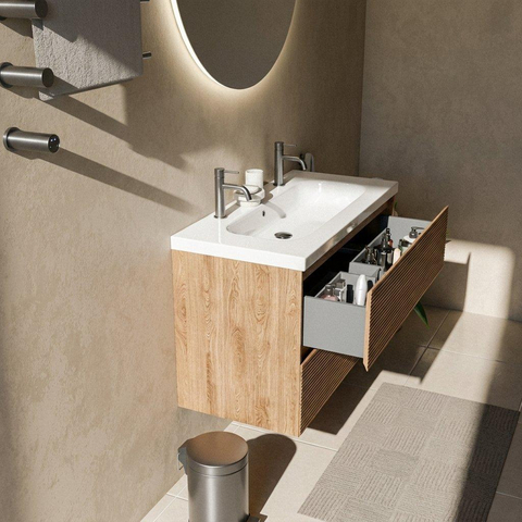 Saniclass Holz Atelier Badkamermeubelset - 100x45x63.5cm - Palermo keramische wastafel wit - 1 wasbak - 2 kraangaten - 2 lades - mat eiken natural (hout) SW1478624