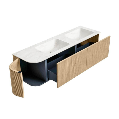 MONDIAZ KURVE-DLUX meuble de salle de bains 155cm avec module 25 L couleur Chêne avec 2 tiroirs et 1 porte. Lavabo LEAF double / droite 2 trous de robinet couleur Ostra. SW1137782