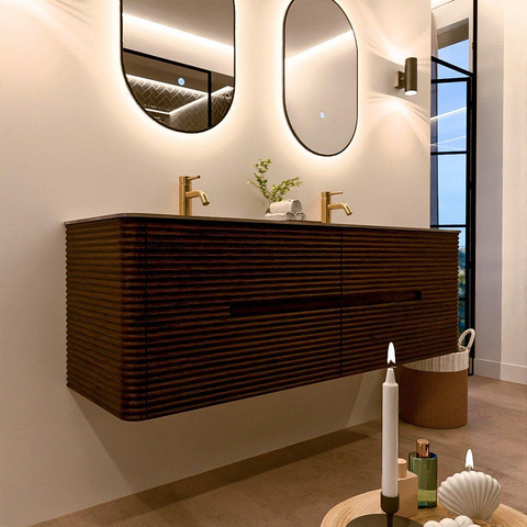 Mondiaz CIRO-DLUX Badkamermeubelset - 150x45x50cm - Solid surface wastafel Sombra - 2 wasbak Dubbel - 2 kraangaten - 4 lades - Walnut SW1530770
