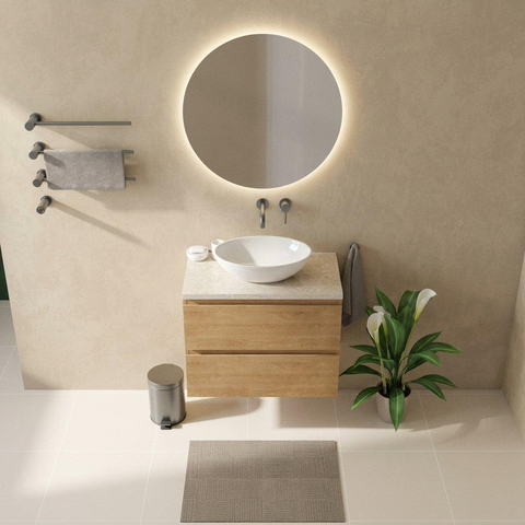 Saniclass Holz Pure Badkamermeubelset - 80x45x63cm - Travertine natuurstenen topblad - zonder kraangat - 2 lades - mat eiken natural (hout) SW1478840