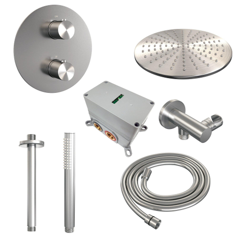 BRAUER Brushed Edition douche de pluie encastrée thermostatique - 3 voies - rond - set 78 - pomme de douche 30cm - bras de plafond - douchette barre - flexible de douche - coude de raccord mural - acier inox brossé PVD SW1159140