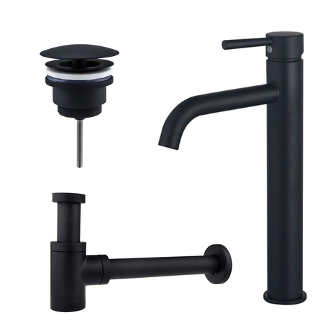 Fortifura Calvi Kit mitigeur lavabo - robinet rehaussé - bonde non-obturable - siphon design bas - Noir mat SW891930