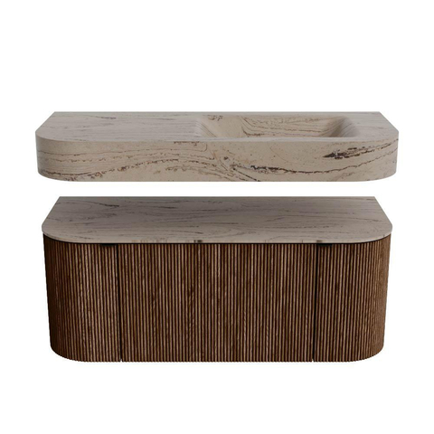 MONDIAZ THOR-DLUX 110cm badmeubel ronding links + rechts kleur Walnut met 1 lade en 2 deuren. Vrijhangende wastafel CLOUD Rechts zonder kraangat kleur Arena. SW1462709