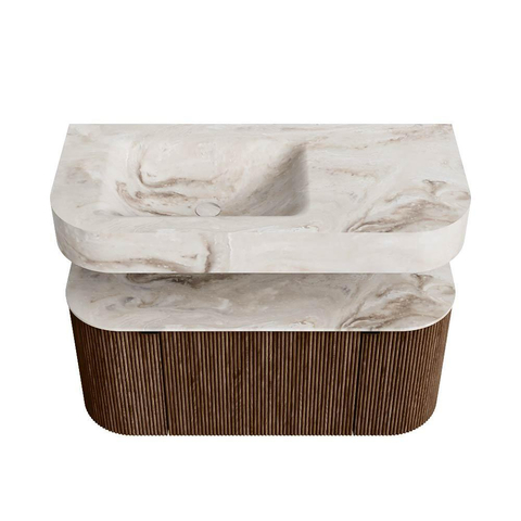 MONDIAZ THOR-DLUX Meuble de salle de bains 100cm arrondi gauche + droite couleur Walnut avec 1 tiroir et 2 portes. Vasque suspendue CLOUD Gauche 1 trou de robinet couleur Frappe. SW1467333